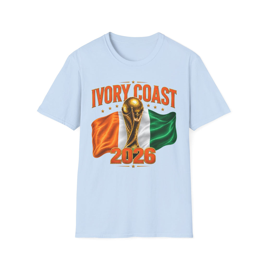 Ivory Coast 2026 World Cup T‑Shirt — FIFA Trophy & Flag Soccer Fan Tee