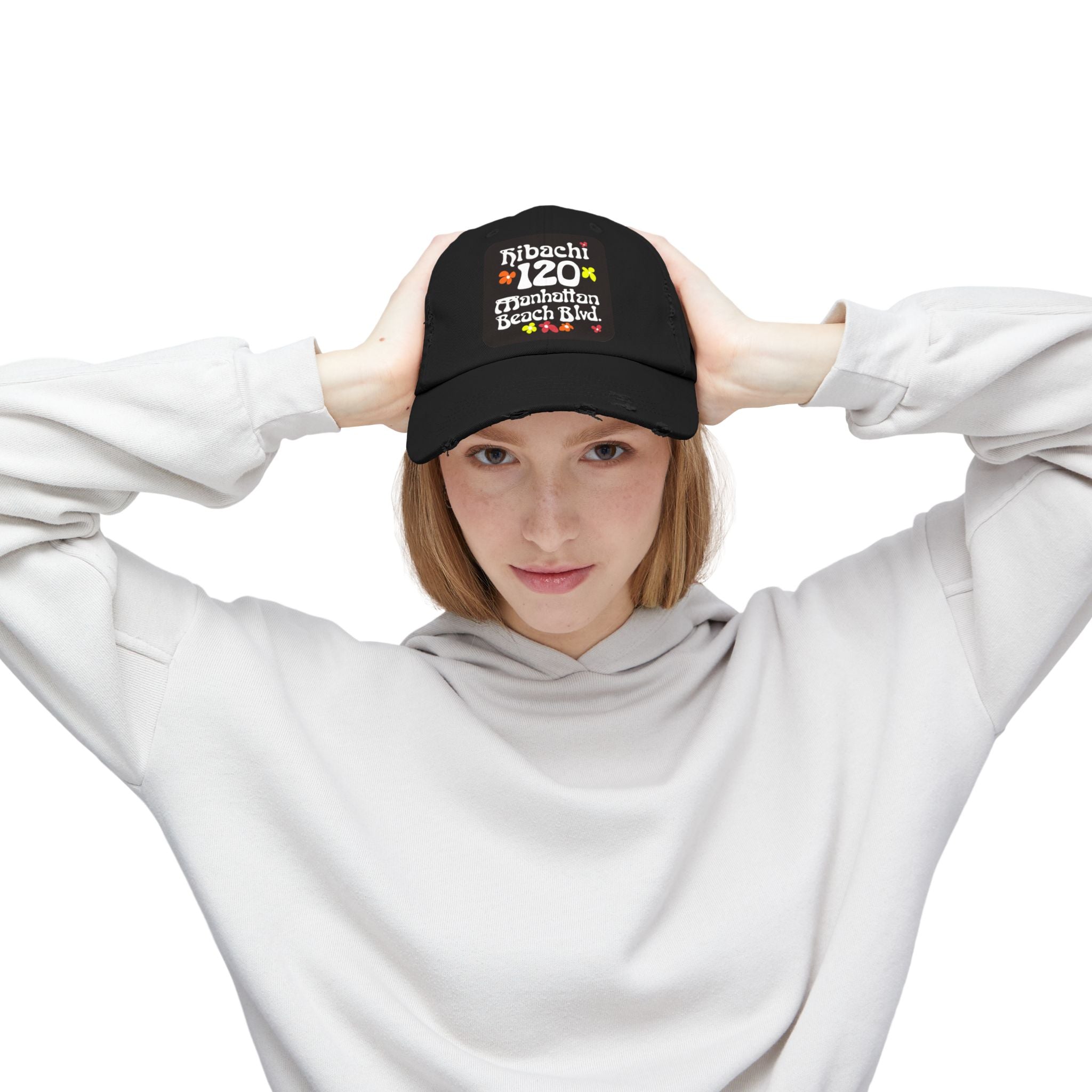Distressed Cap — Hibachi 120 Manhattan Beach Blvd. Retro Floral Hat "Gone But Not Forgotten" #OldSchool