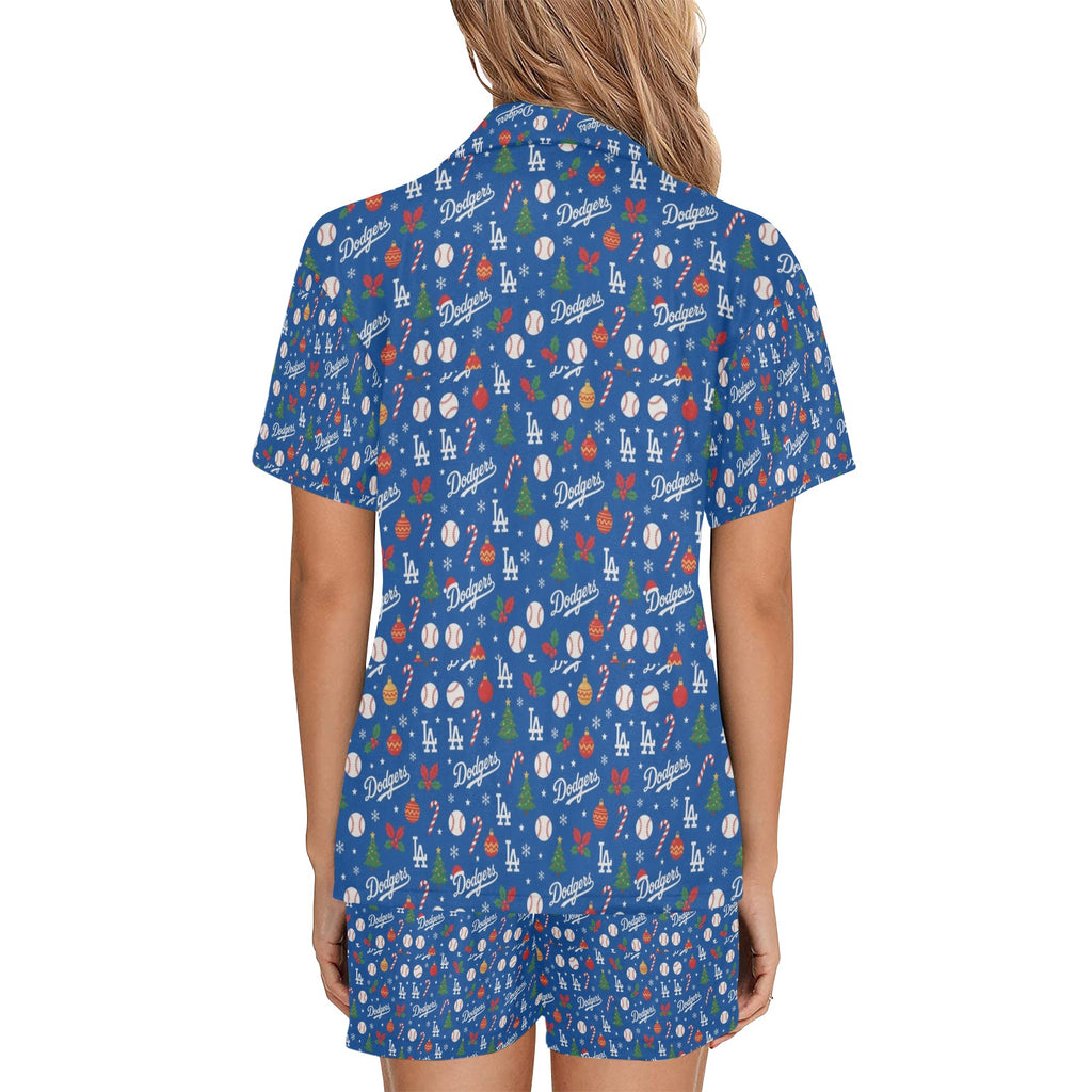 Dodgers Christmas Women's V-Neck Short Pajama Set Made in USA Free shipping