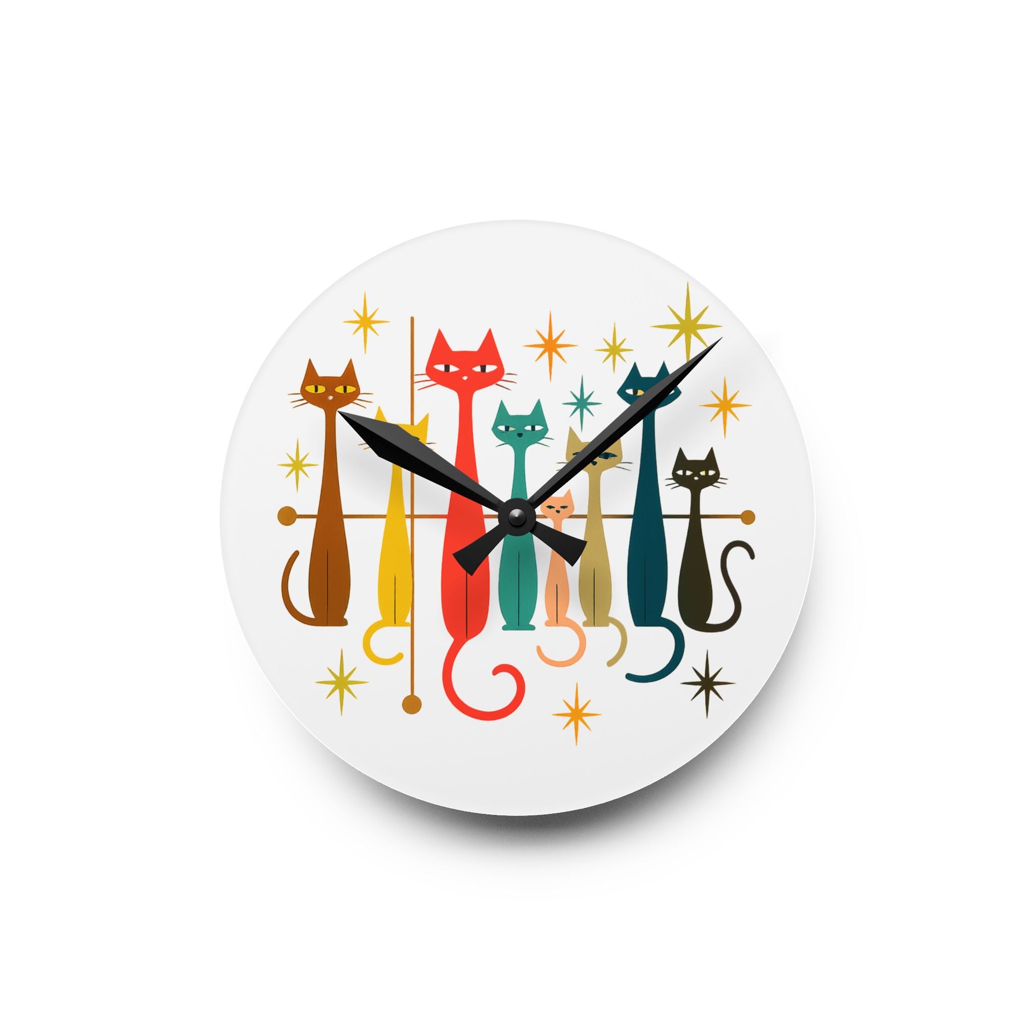 Retro Mid-Century Stylized Cats Acrylic Wall Clock | Pink Atomic Starburst