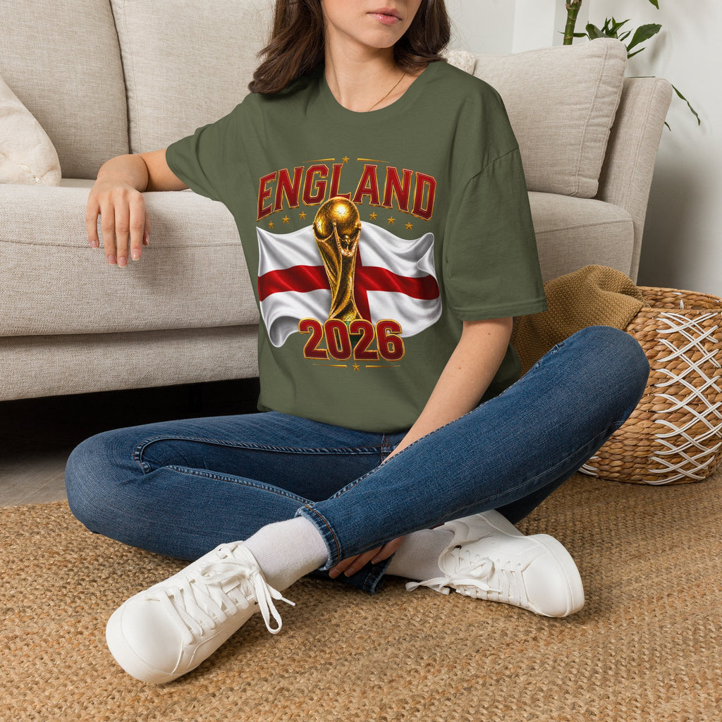 England 2026 World Cup T-Shirt — Gold Trophy & St George’s Flag Soccer Fan Tee