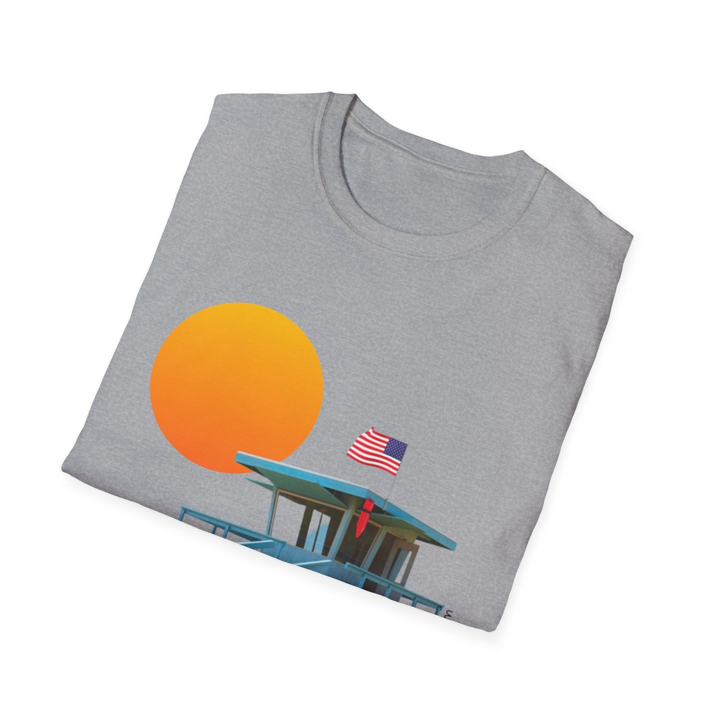 South Bay Lifeguard Stand with American Flag Beach Scene M/W Softstyle T-Shirt