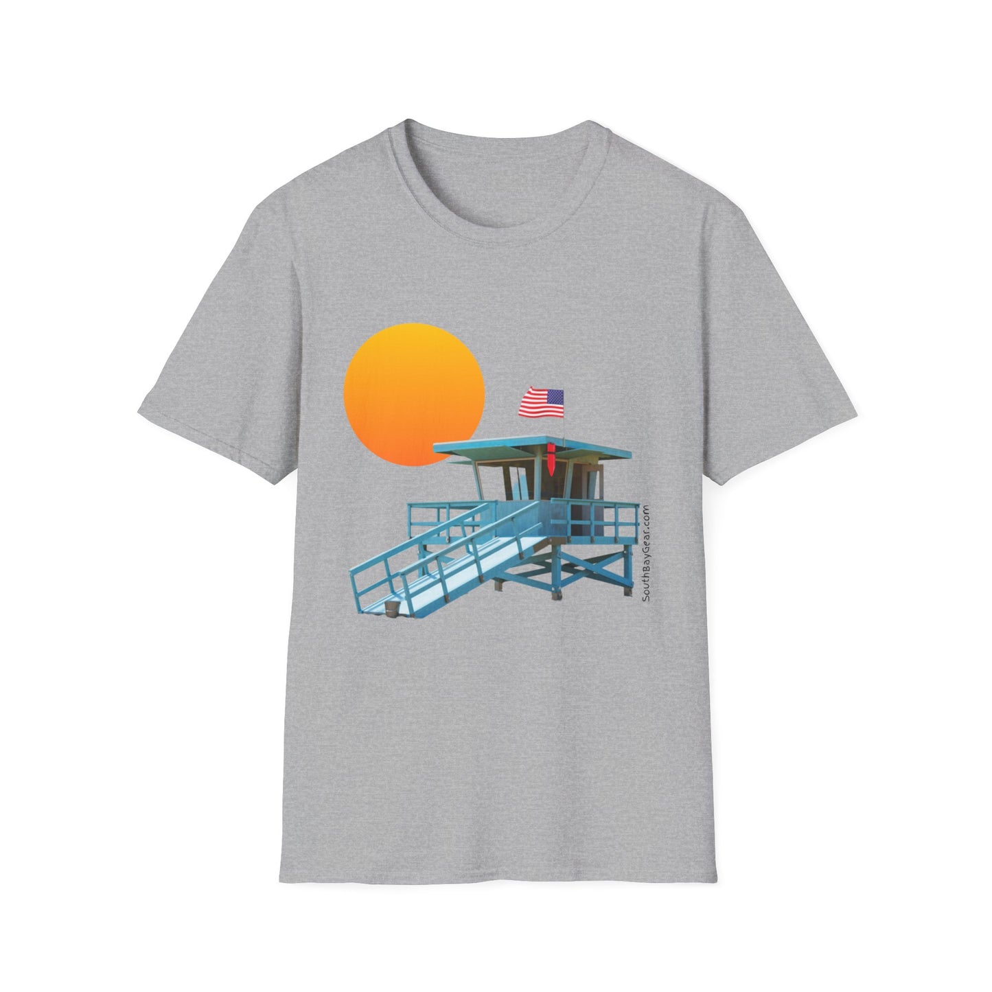 South Bay Lifeguard Stand with American Flag Beach Scene M/W Softstyle T-Shirt