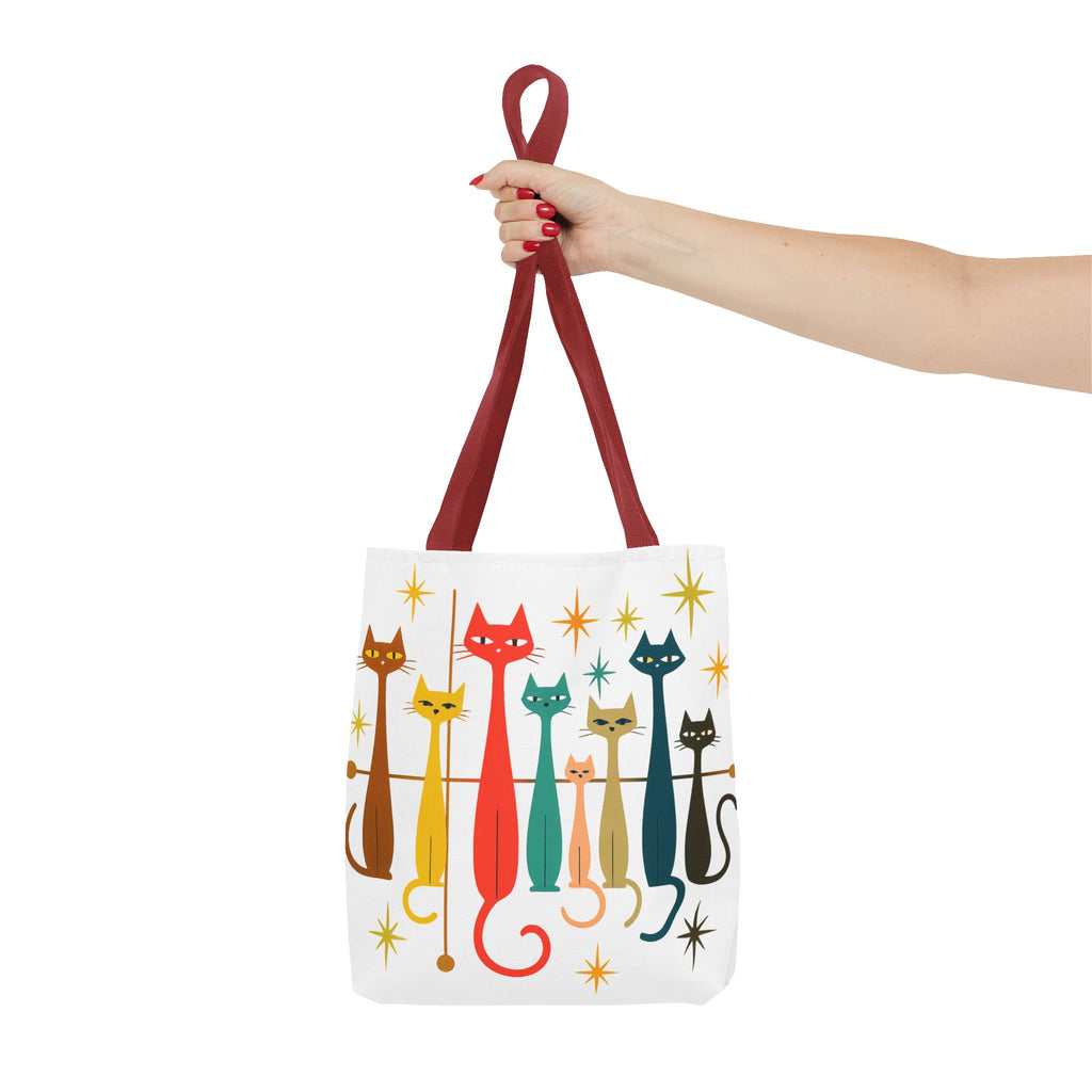 Retro Long Cats Tote Bag | Colorful Mid-Century Cat Pattern