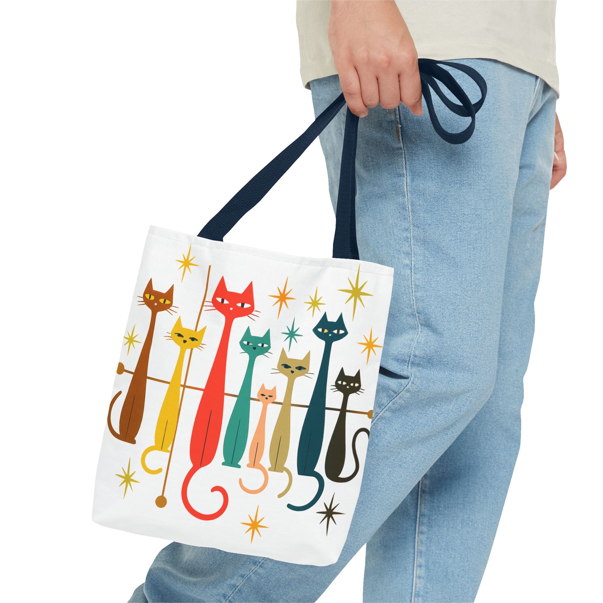Retro Long Cats Tote Bag | Colorful Mid-Century Cat Pattern