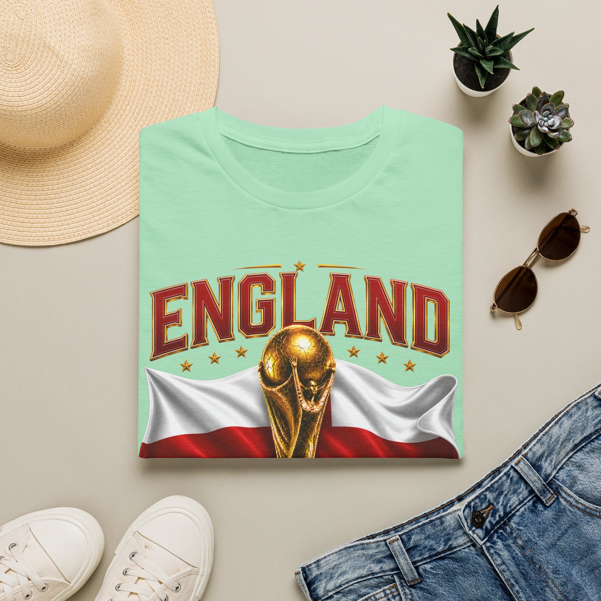 England 2026 World Cup T-Shirt — Gold Trophy & St George’s Flag Soccer Fan Tee
