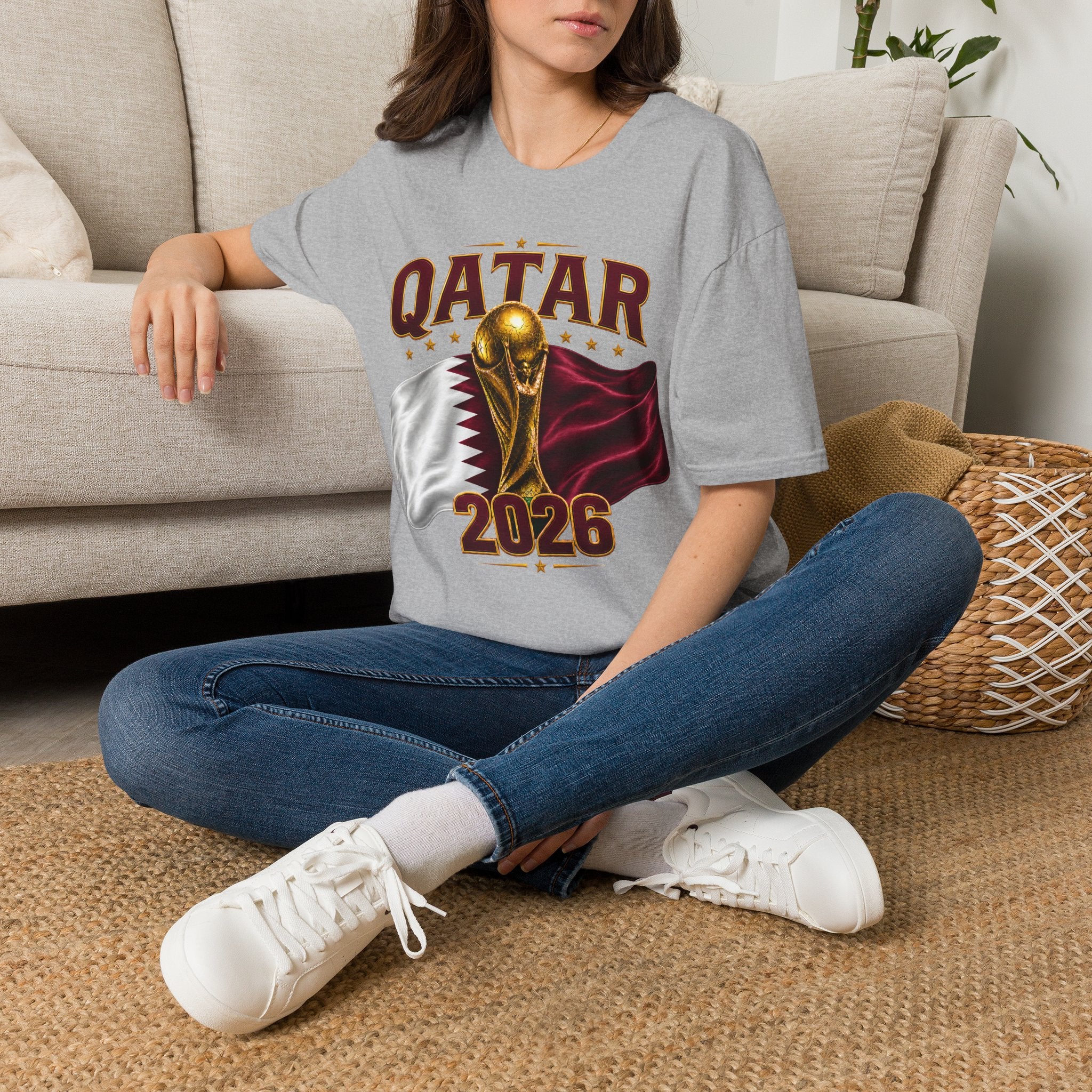 Qatar 2026 World Cup T-Shirt — Golden Trophy & Flag Soccer Tee