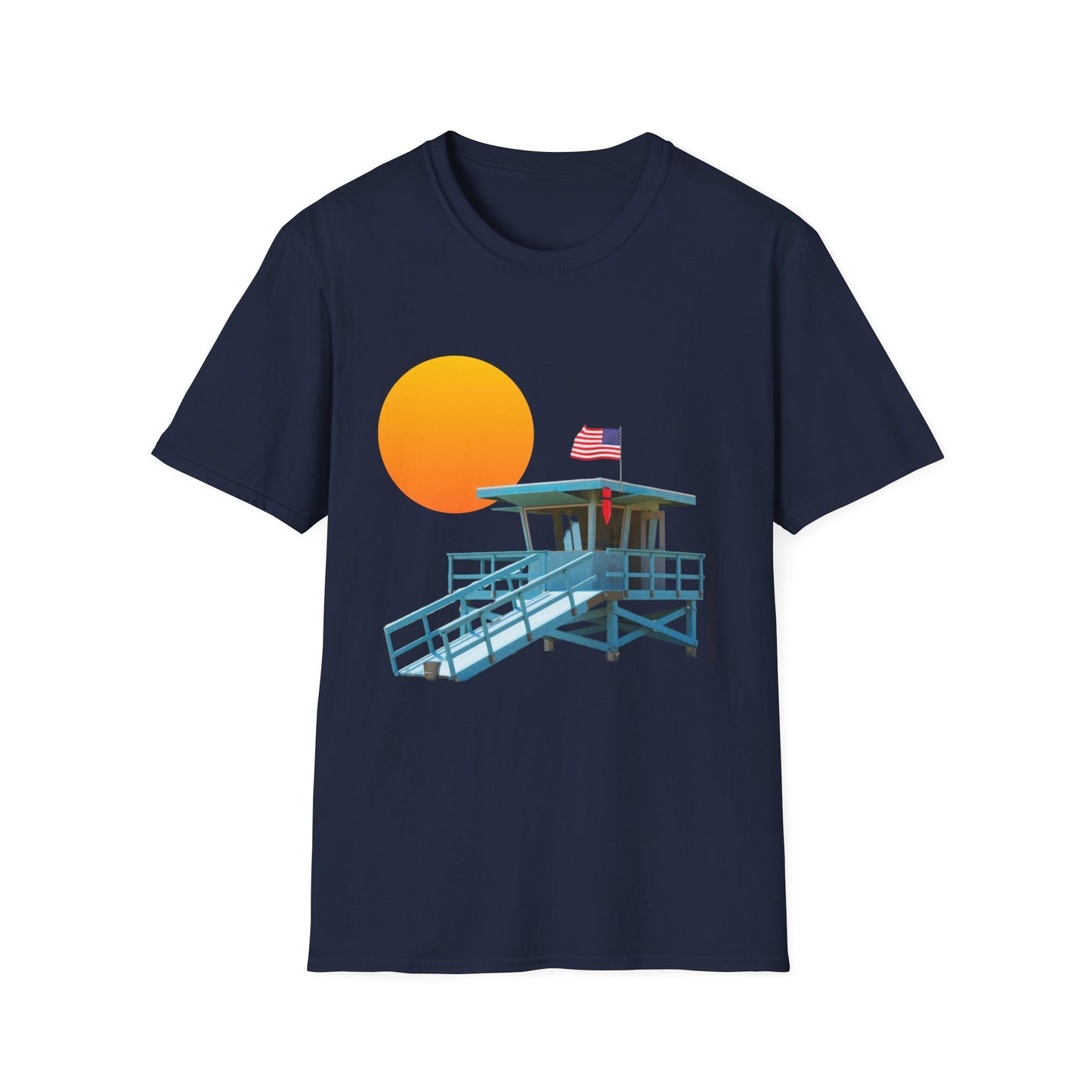 South Bay Lifeguard Stand with American Flag Beach Scene M/W Softstyle T-Shirt