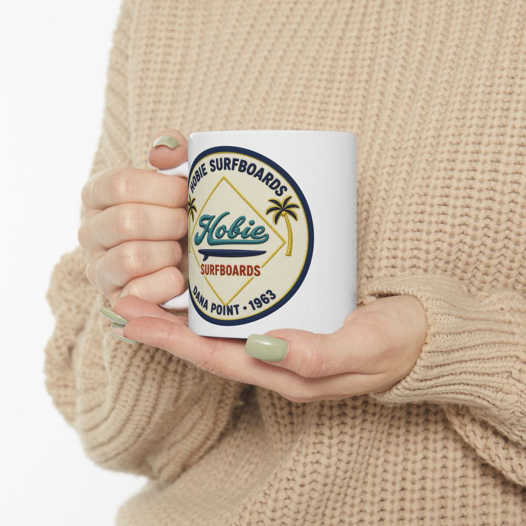 Vintage Beach Club Hobie Surfboards Ceramic Mug – Retro Palm Tree Surf Emblem Since 1963  (11oz, 15oz)