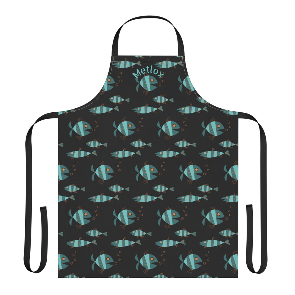 Metlox Pottery Teal Fish Pattern Apron | Nautical Kitchen Cooking Apron