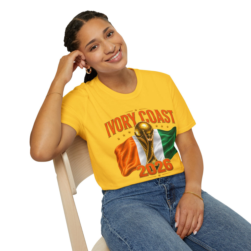Ivory Coast 2026 World Cup T‑Shirt — FIFA Trophy & Flag Soccer Fan Tee