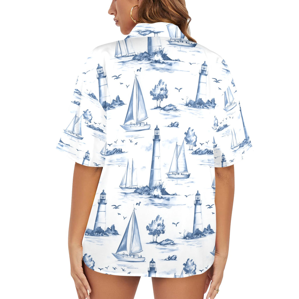 Sailing Away Nautical Women's All Over Print Hawaiian Shirt Made in USA