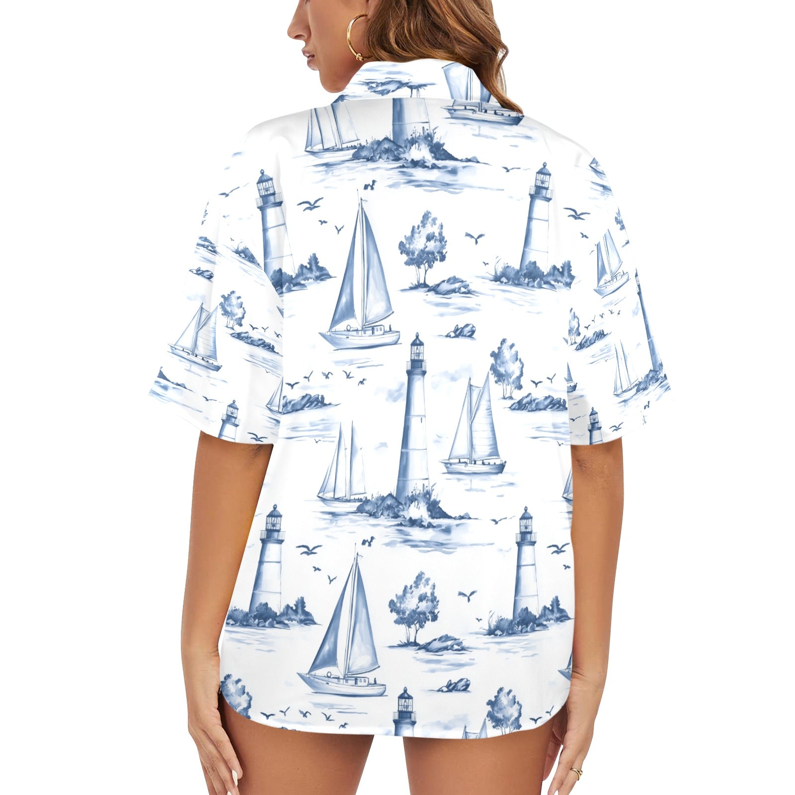 Sailing Away Nautical Women's All Over Print Hawaiian Shirt Made in USA