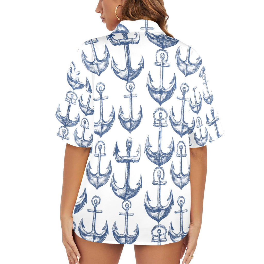 Anchors Away Nautical Women's All Over Print Hawaiian Shirt Made in USA