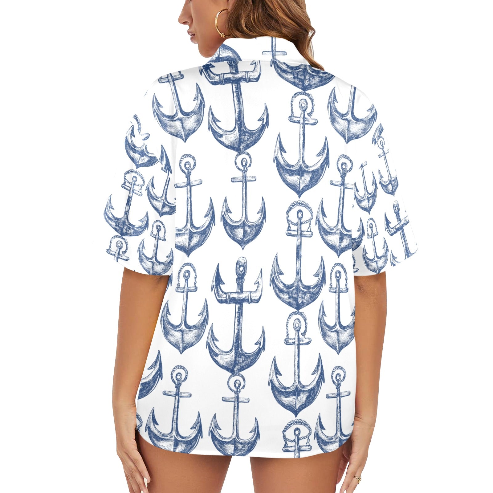 Anchors Away Nautical Women's All Over Print Hawaiian Shirt Made in USA