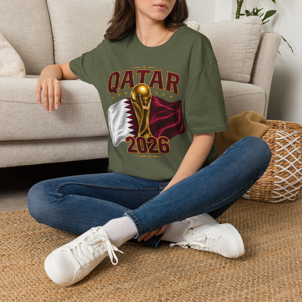 Qatar 2026 World Cup T-Shirt — Golden Trophy & Flag Soccer Tee