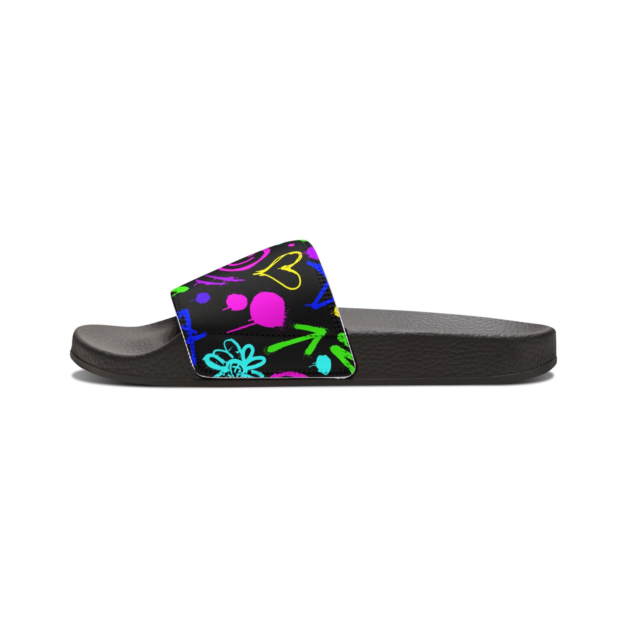 Neon Doodle Hearts and Flowers Youth Sandals | Removable Strap Slides