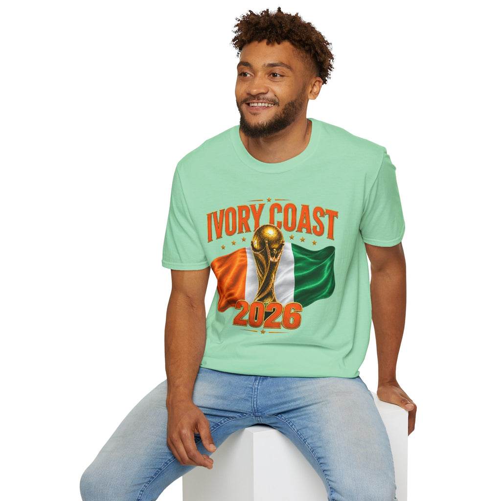 Ivory Coast 2026 World Cup T‑Shirt — FIFA Trophy & Flag Soccer Fan Tee