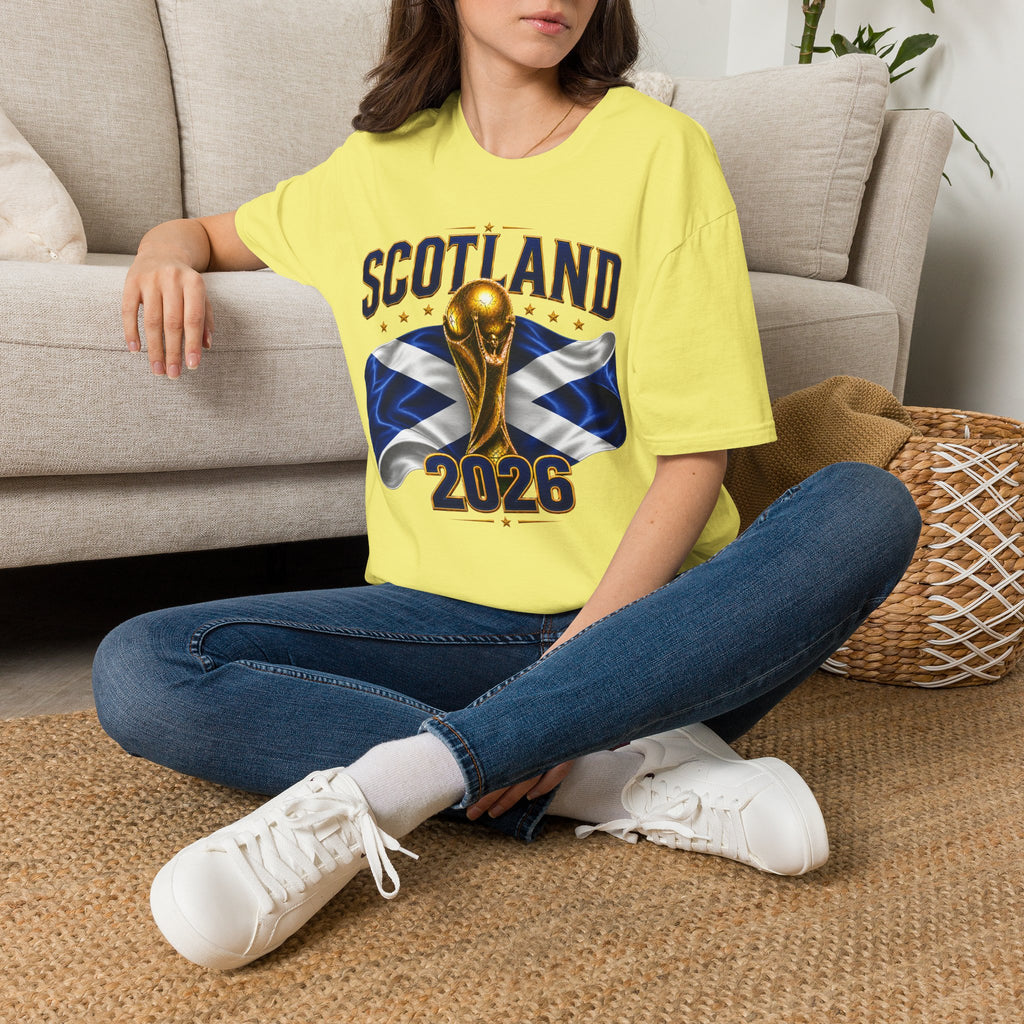 Scotland 2026 World Cup Soccer T-Shirt — Scottish Flag & Trophy Football Tee