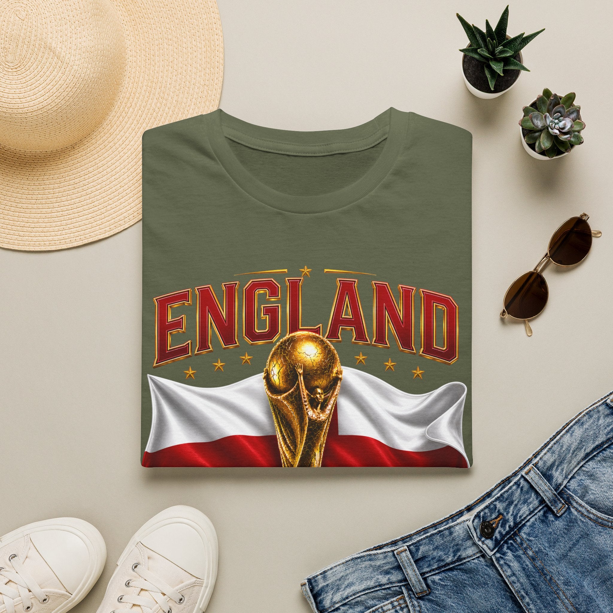 England 2026 World Cup T-Shirt — Gold Trophy & St George’s Flag Soccer Fan Tee
