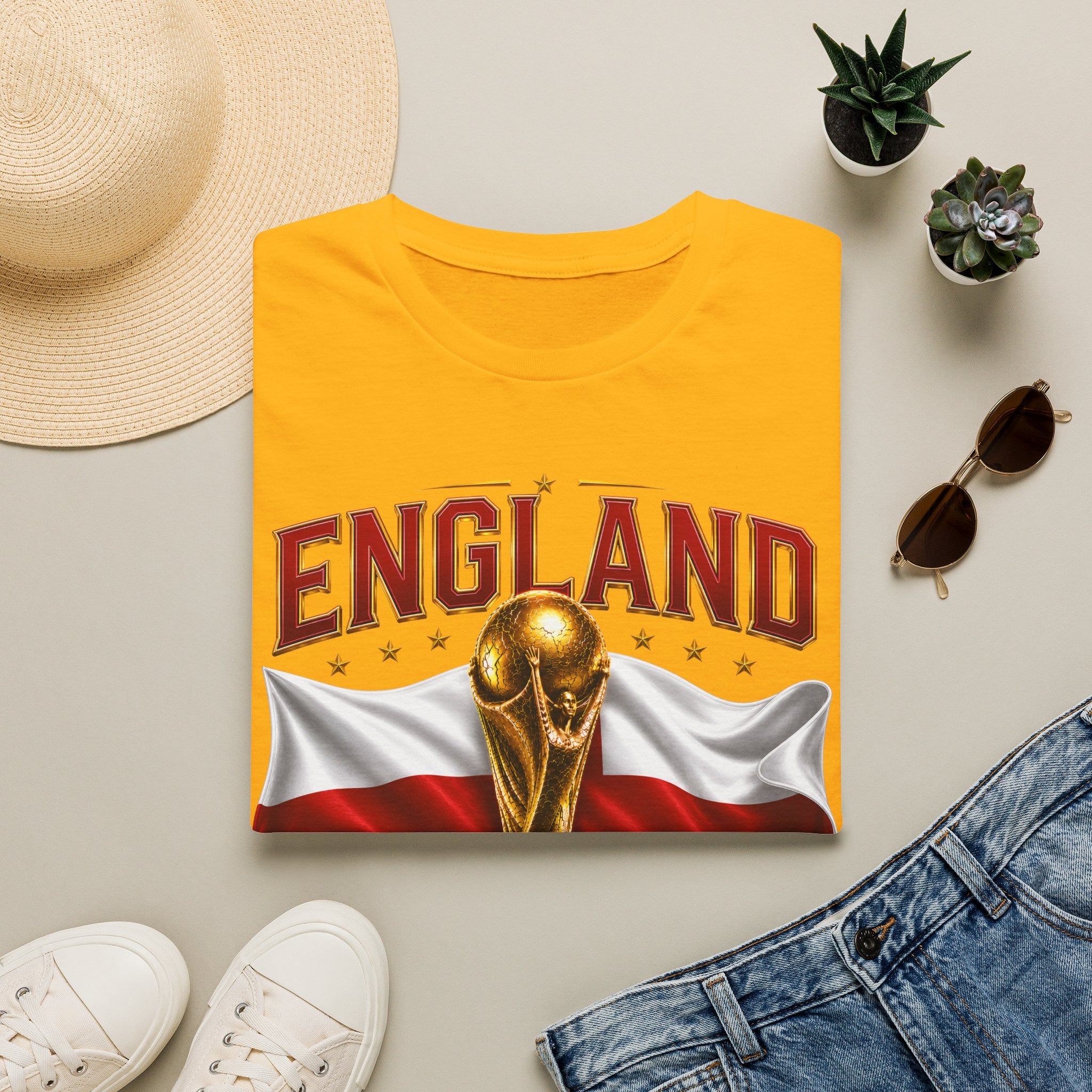 England 2026 World Cup T-Shirt — Gold Trophy & St George’s Flag Soccer Fan Tee