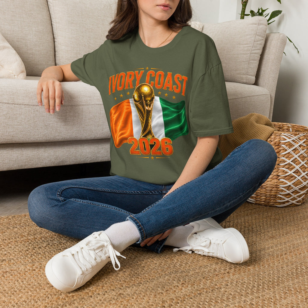 Ivory Coast 2026 World Cup T‑Shirt — FIFA Trophy & Flag Soccer Fan Tee