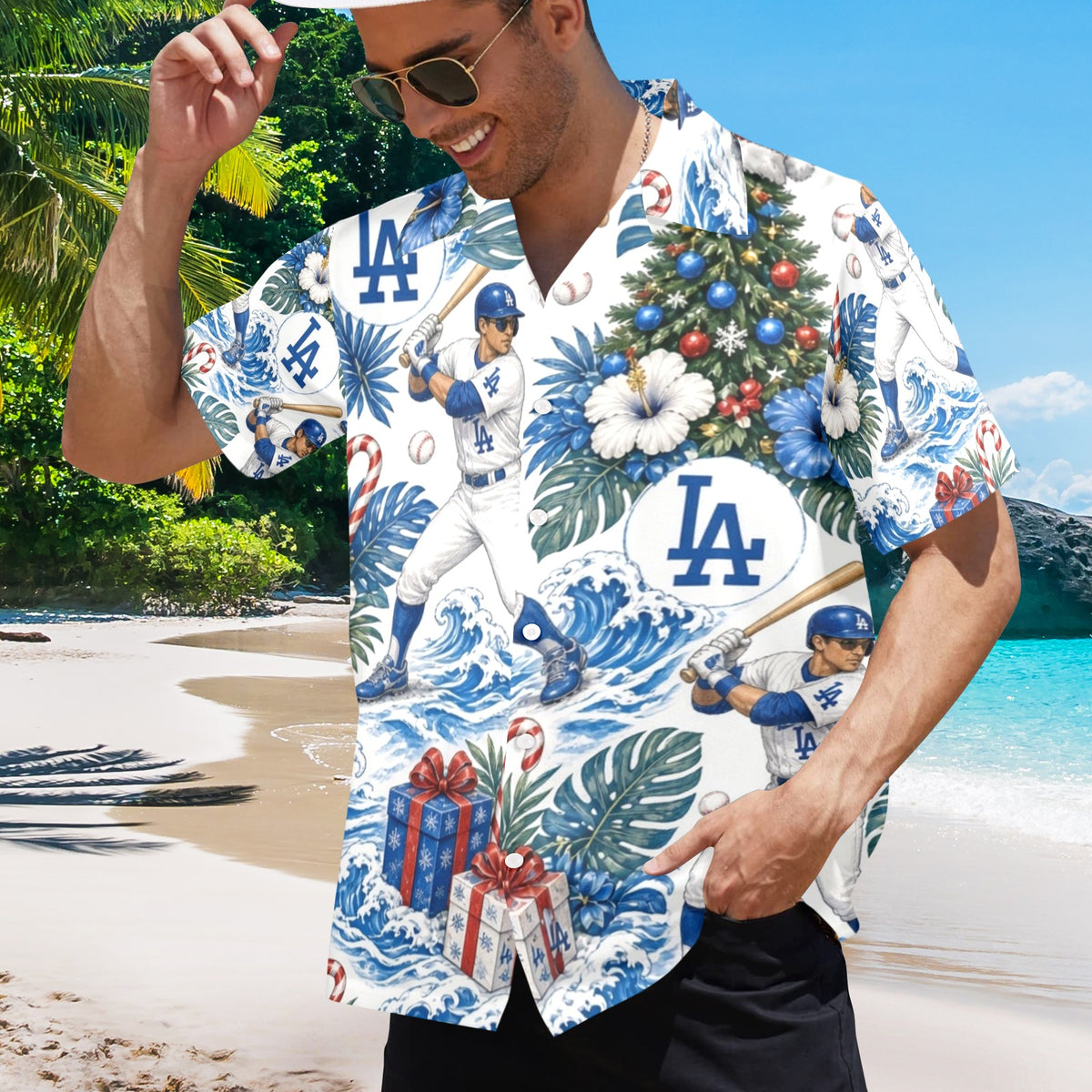 Dodgers Christmas Men's All Over Print Hawaiian Shirt Made In USA Ships to USA Only