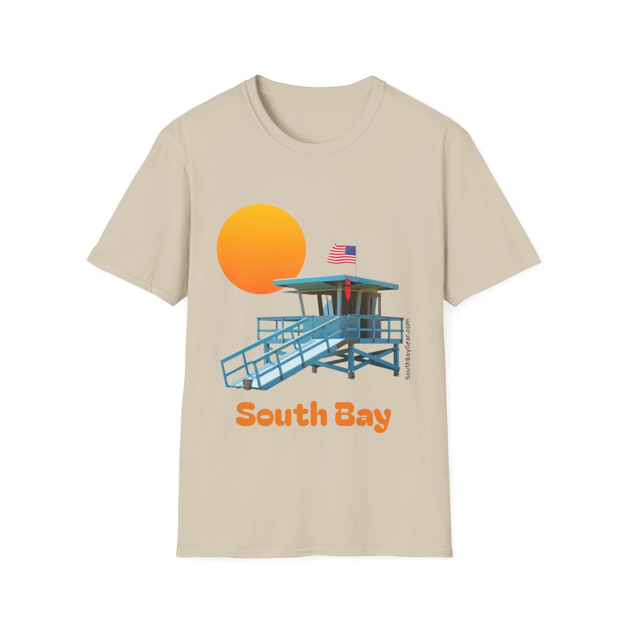 South Bay Lifeguard Stand with American Flag Beach Scene M/W Softstyle T-Shirt