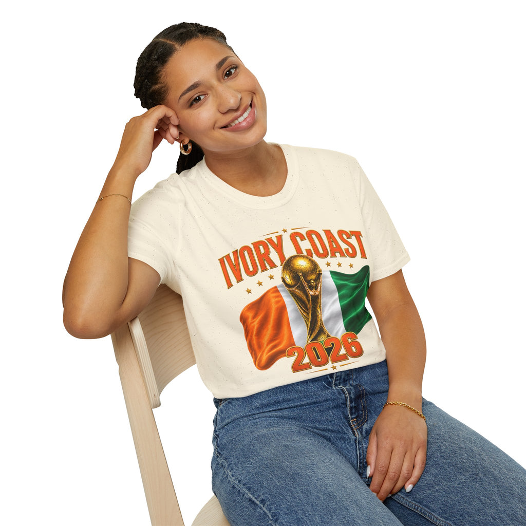 Ivory Coast 2026 World Cup T‑Shirt — FIFA Trophy & Flag Soccer Fan Tee
