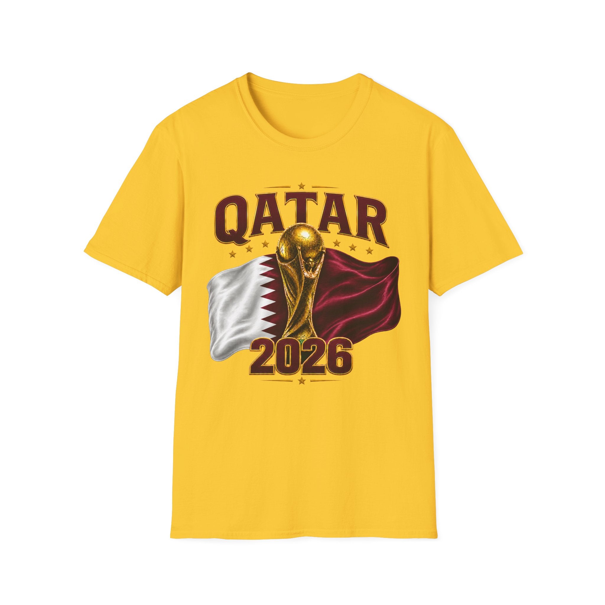 Qatar 2026 World Cup T-Shirt — Golden Trophy & Flag Soccer Tee