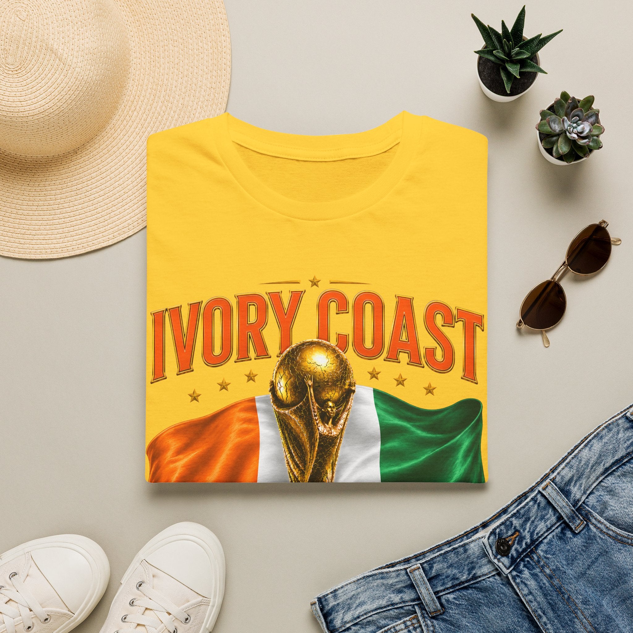 Ivory Coast 2026 World Cup T‑Shirt — FIFA Trophy & Flag Soccer Fan Tee
