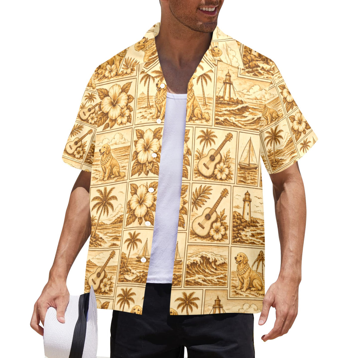 Golden Retriever Dog Style Surf Men's All Over Print Hawaiian Shirt Made In USA Ships to USA Only