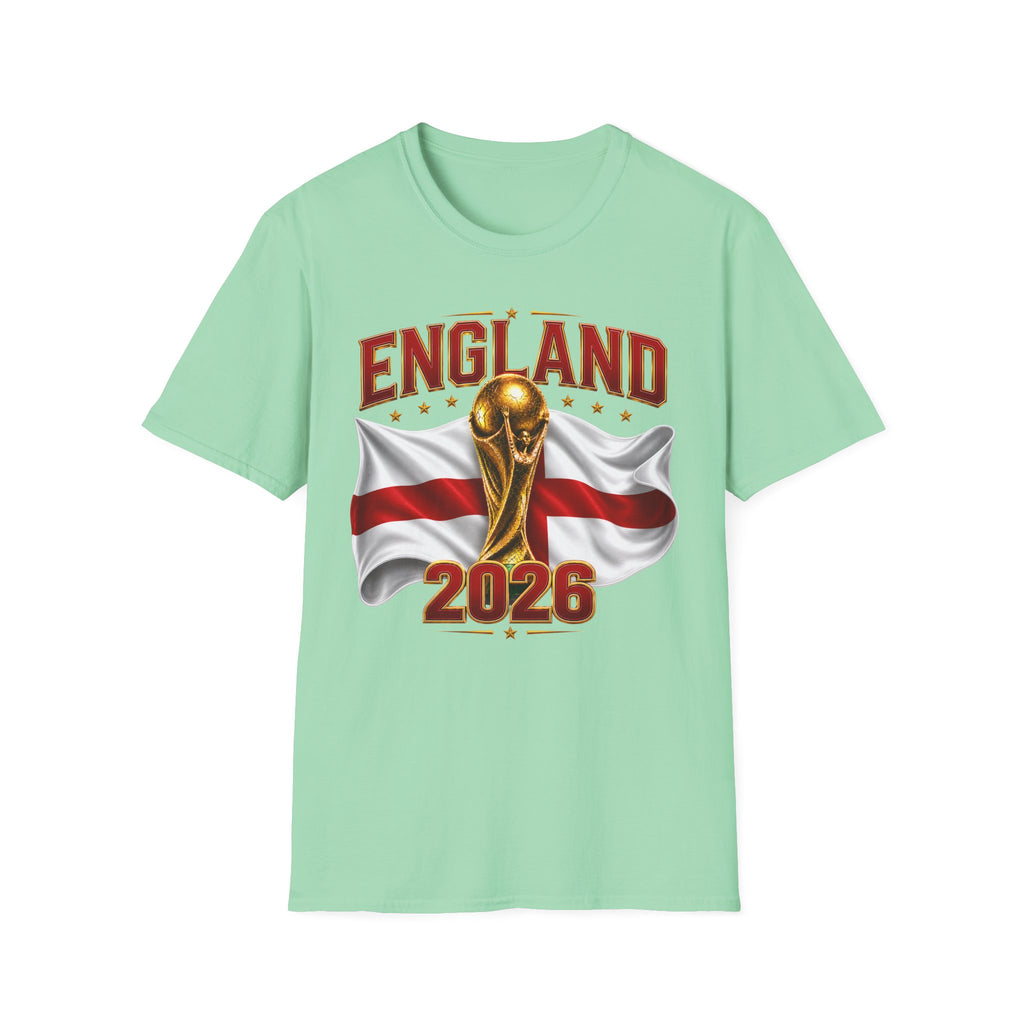 England 2026 World Cup T-Shirt — Gold Trophy & St George’s Flag Soccer Fan Tee