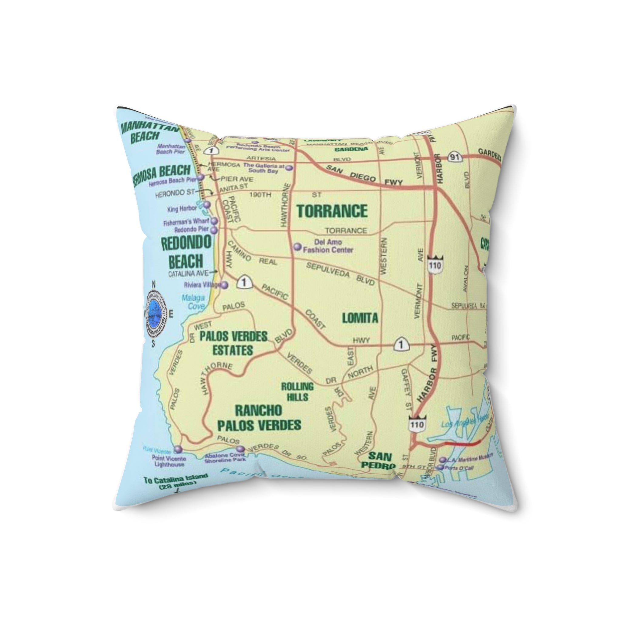 Redondo Beach California 90277 90278 MAP Spun Polyester Square Pillow