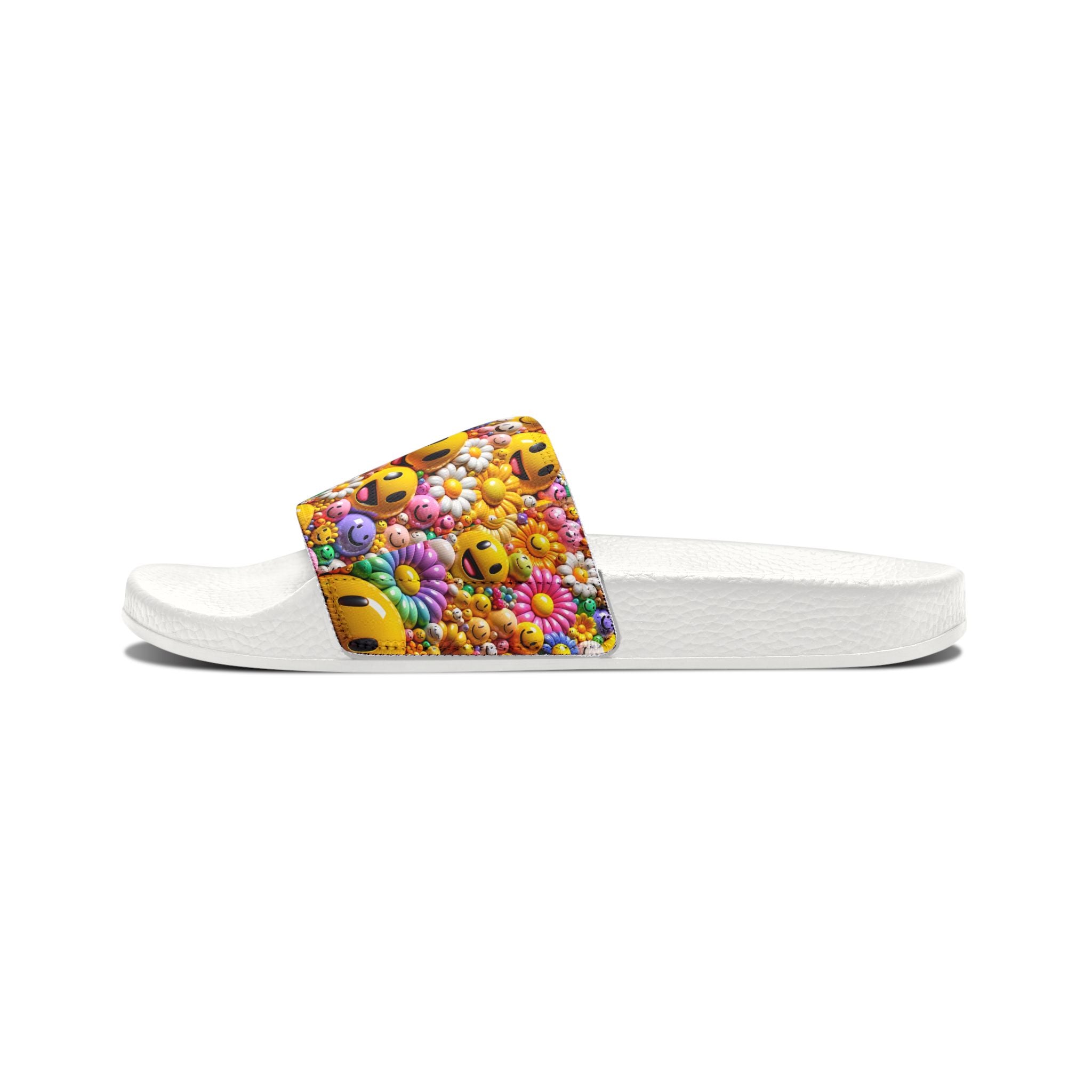 Smiley Flower Pattern Sandals | Youth Slides with Emoji Floral Strap