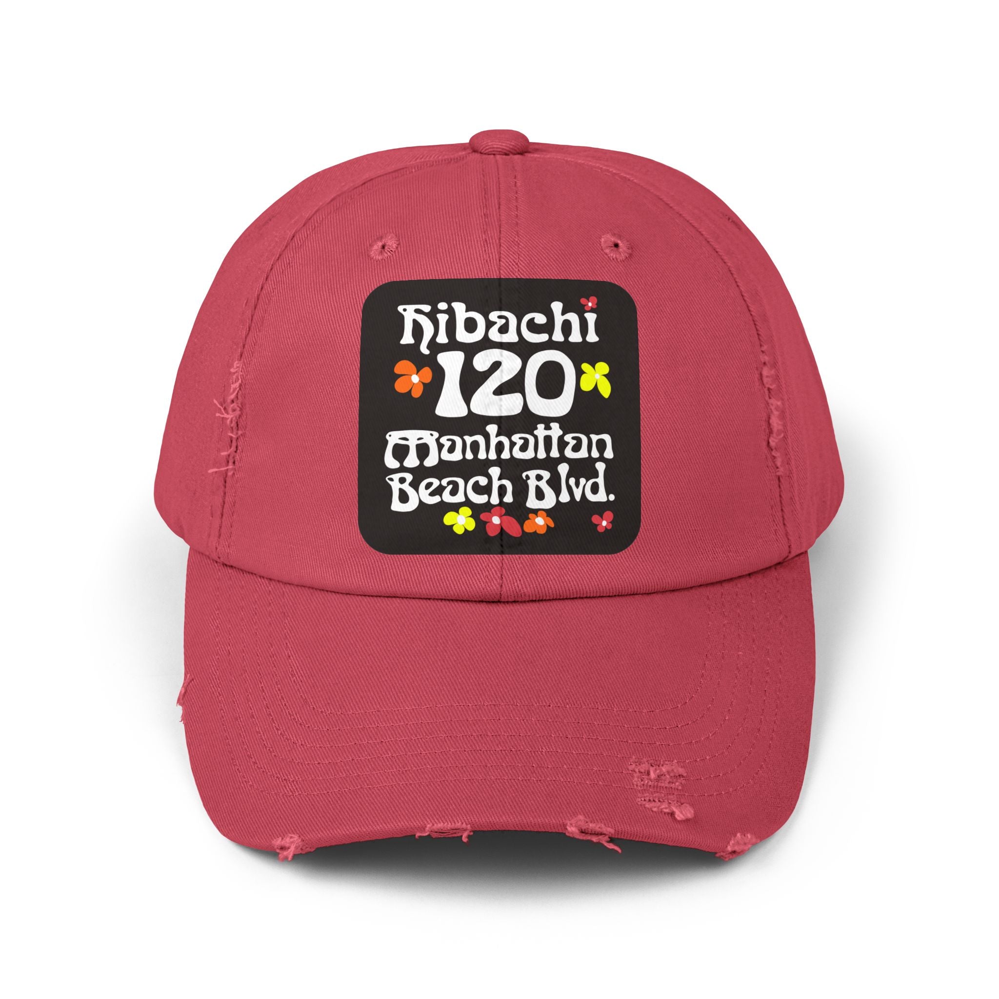 Distressed Cap — Hibachi 120 Manhattan Beach Blvd. Retro Floral Hat "Gone But Not Forgotten" #OldSchool