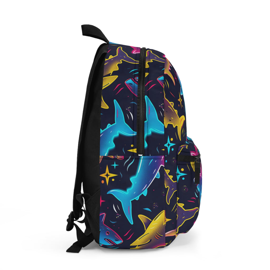 Neon Shark Pattern Backpack | Colorful Ocean Sharks, Starry Night Print