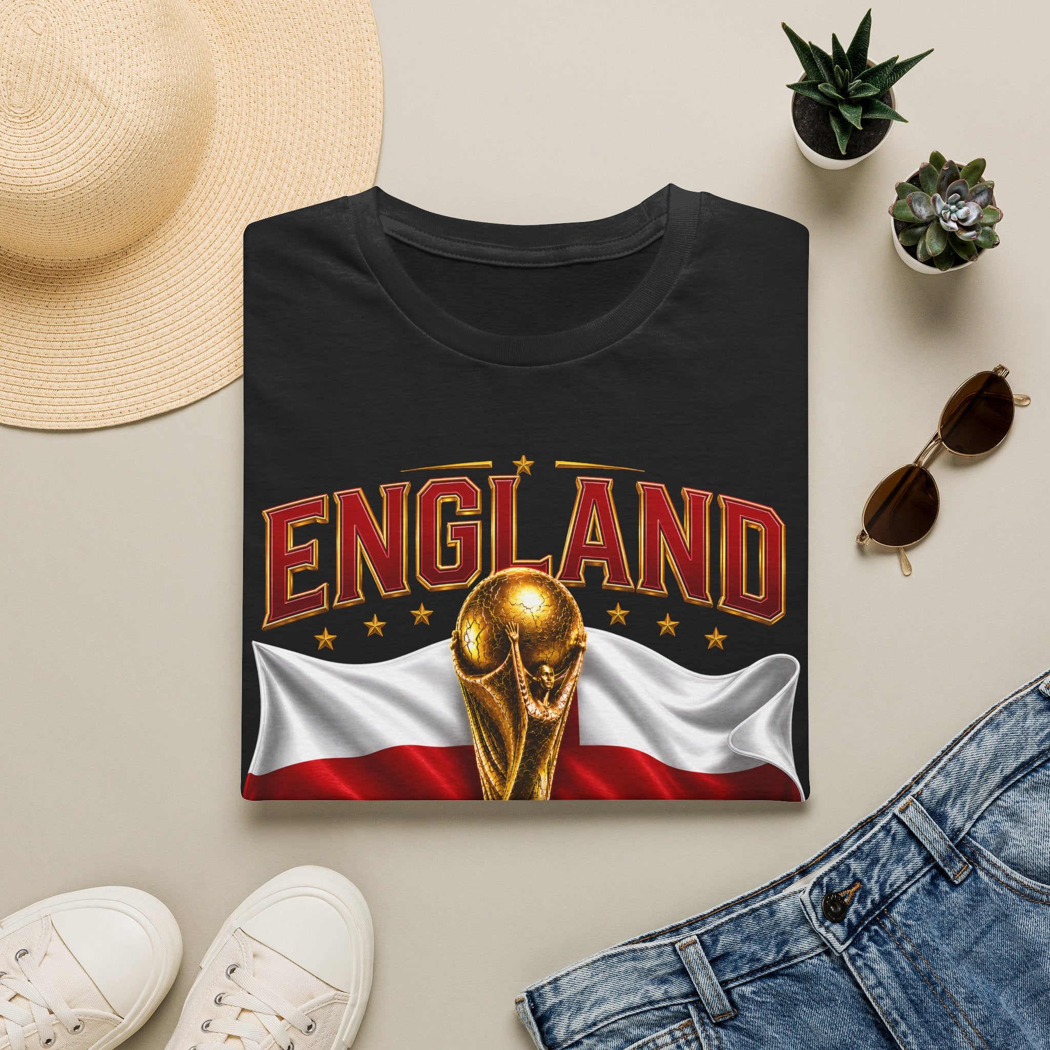 England 2026 World Cup T-Shirt — Gold Trophy & St George’s Flag Soccer Fan Tee