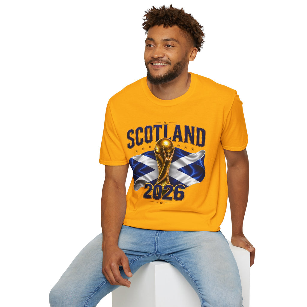 Scotland 2026 World Cup Soccer T-Shirt — Scottish Flag & Trophy Football Tee