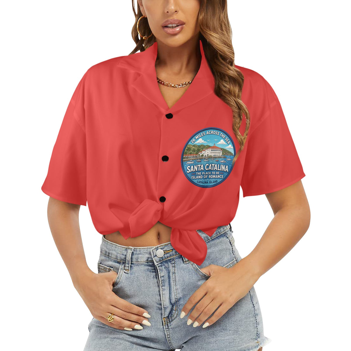 Santa Catalina the Island of Romance 26 Miles Across the Sea Women's All Over Print Hawaiian Shirt （Made in USA Ships to USA Only）