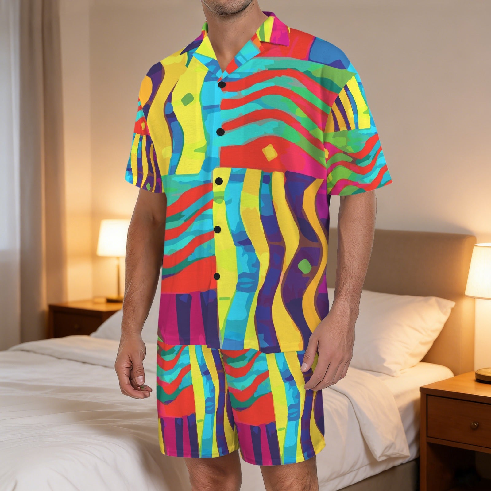 Art Deco Men's V-Neck Short Pajama Set (Made in USA，Ships to USA Only)