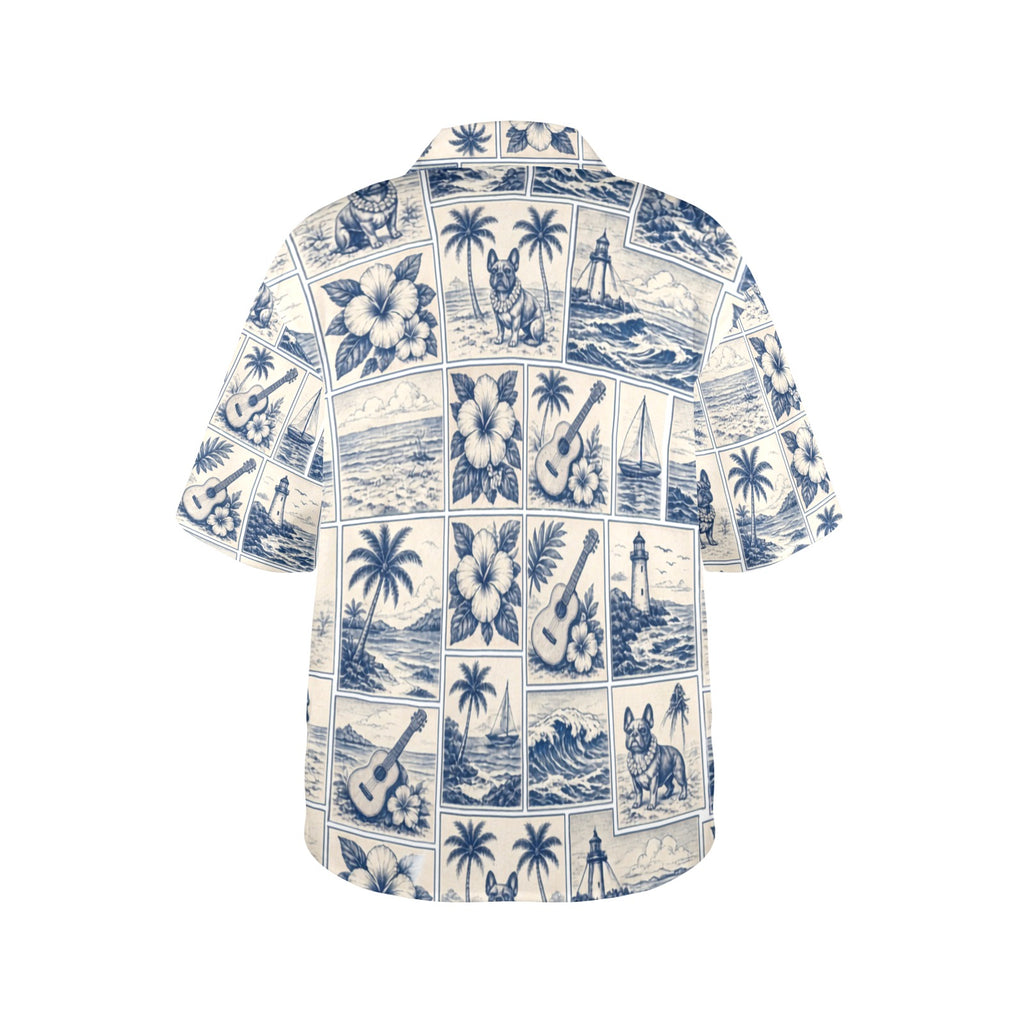 French Bull Dog Nautical Sailing Surf Women's All Over Print Hawaiian Shirt （Made in USA Ships to USA Only）