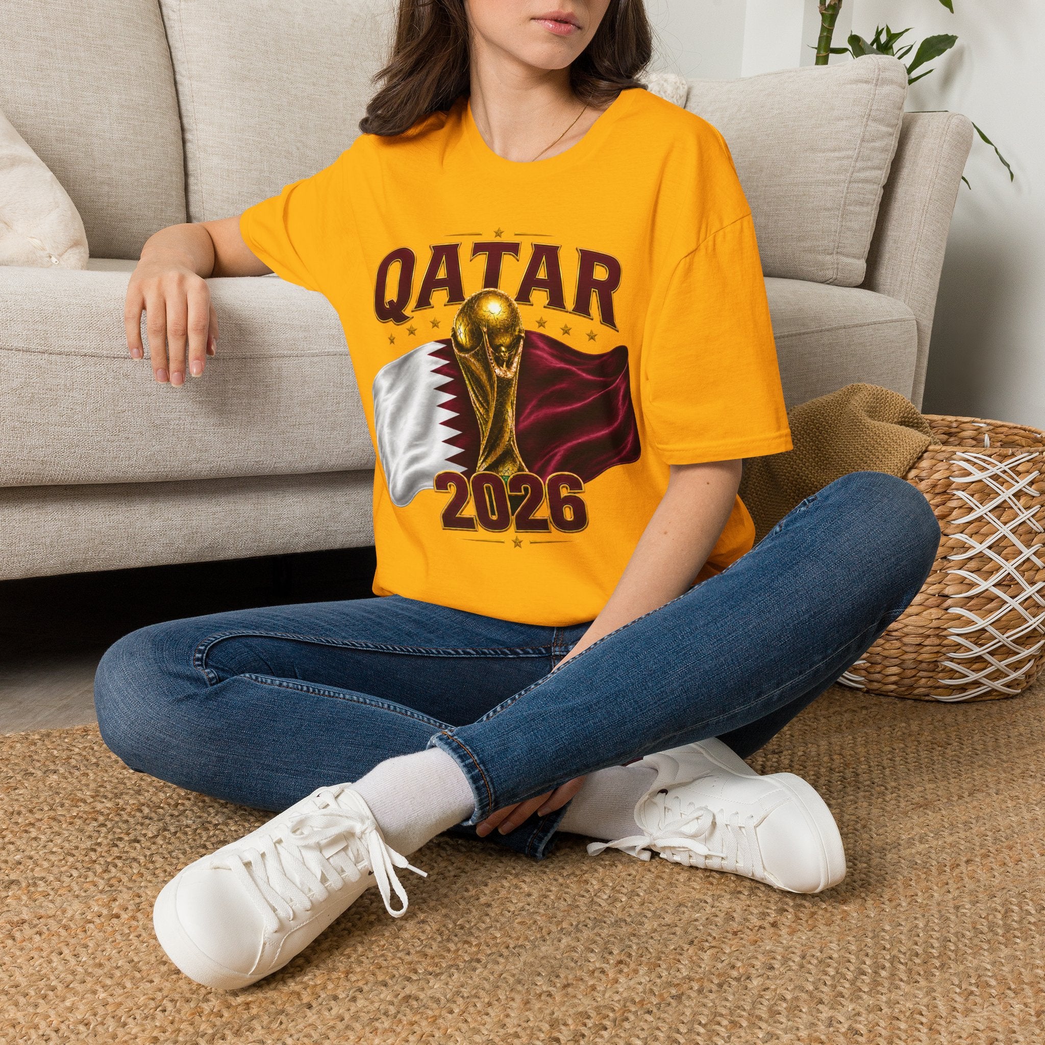 Qatar 2026 World Cup T-Shirt — Golden Trophy & Flag Soccer Tee