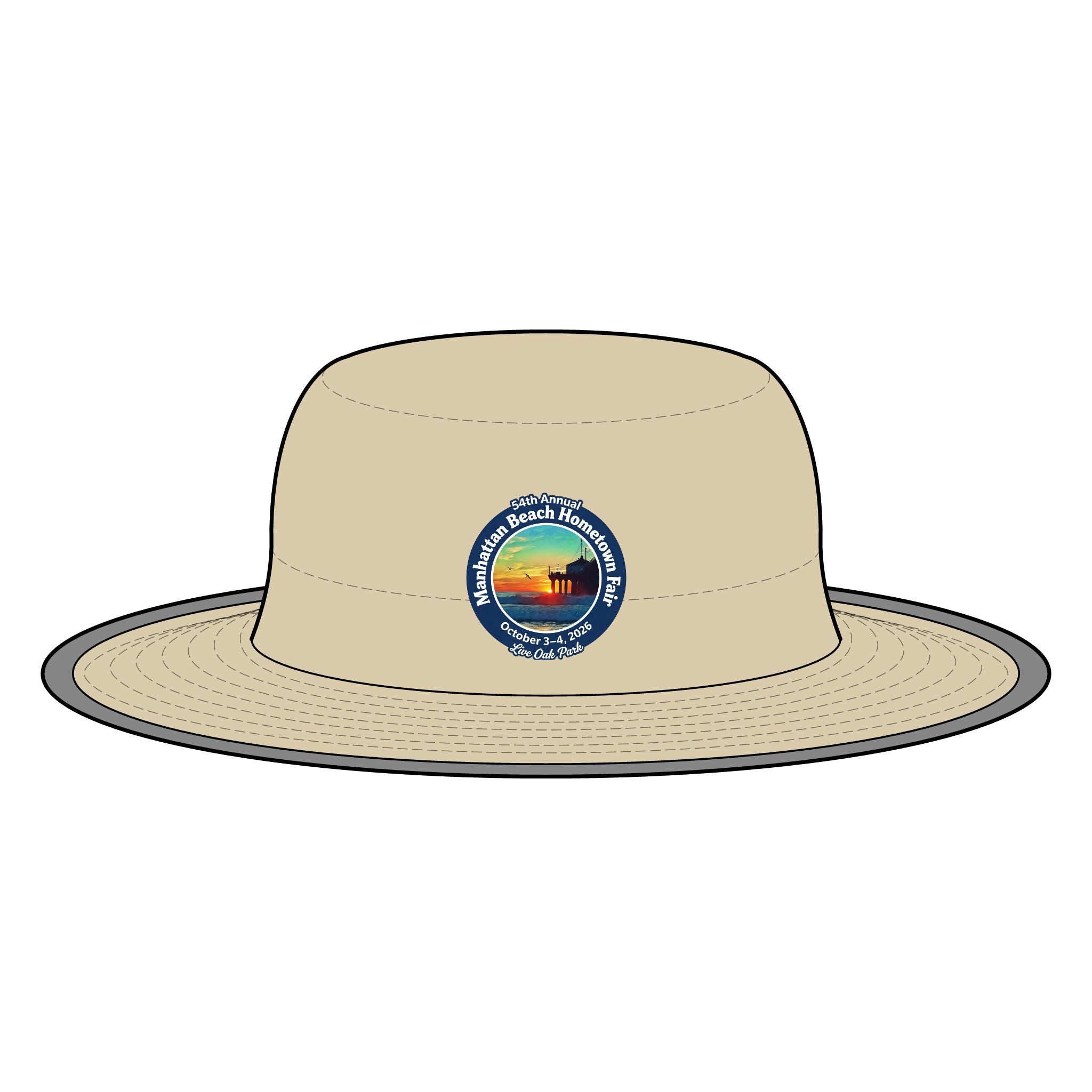 Manhattan Beach Hometown Fair 2026 Wide Brim Sun Hat — Vintage Sunset Beach Logo
