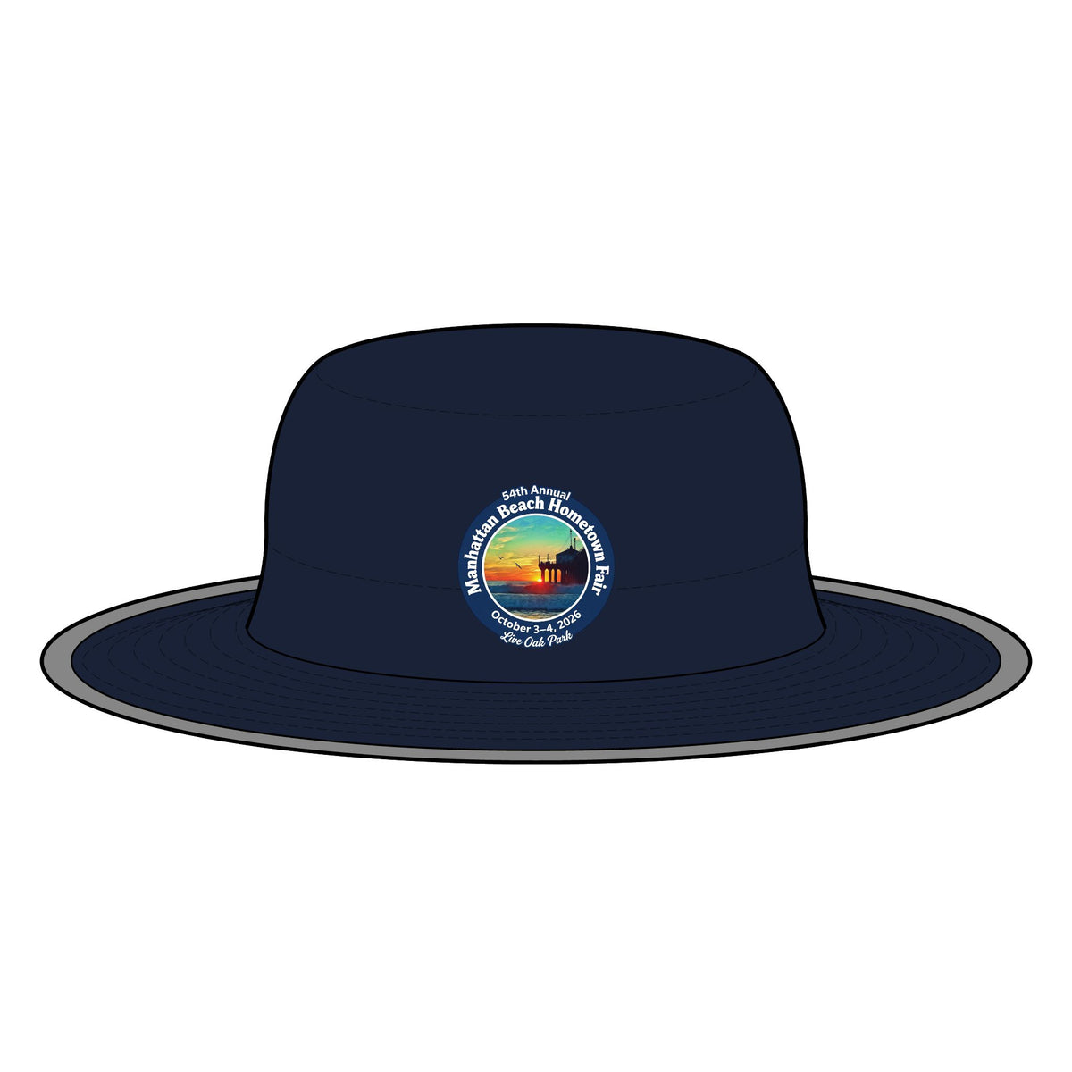 Manhattan Beach Hometown Fair 2026 Wide Brim Sun Hat — Vintage Sunset Beach Logo