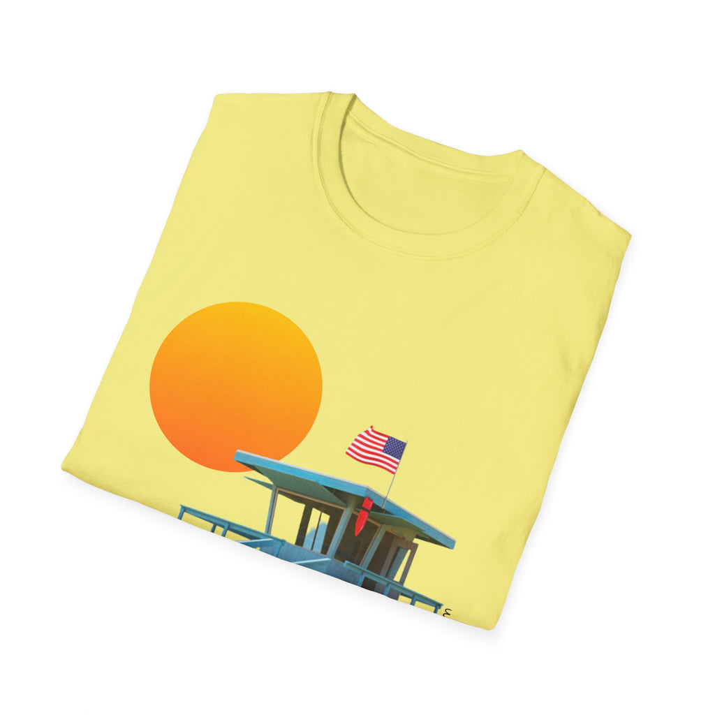 South Bay Lifeguard Stand with American Flag Beach Scene M/W Softstyle T-Shirt