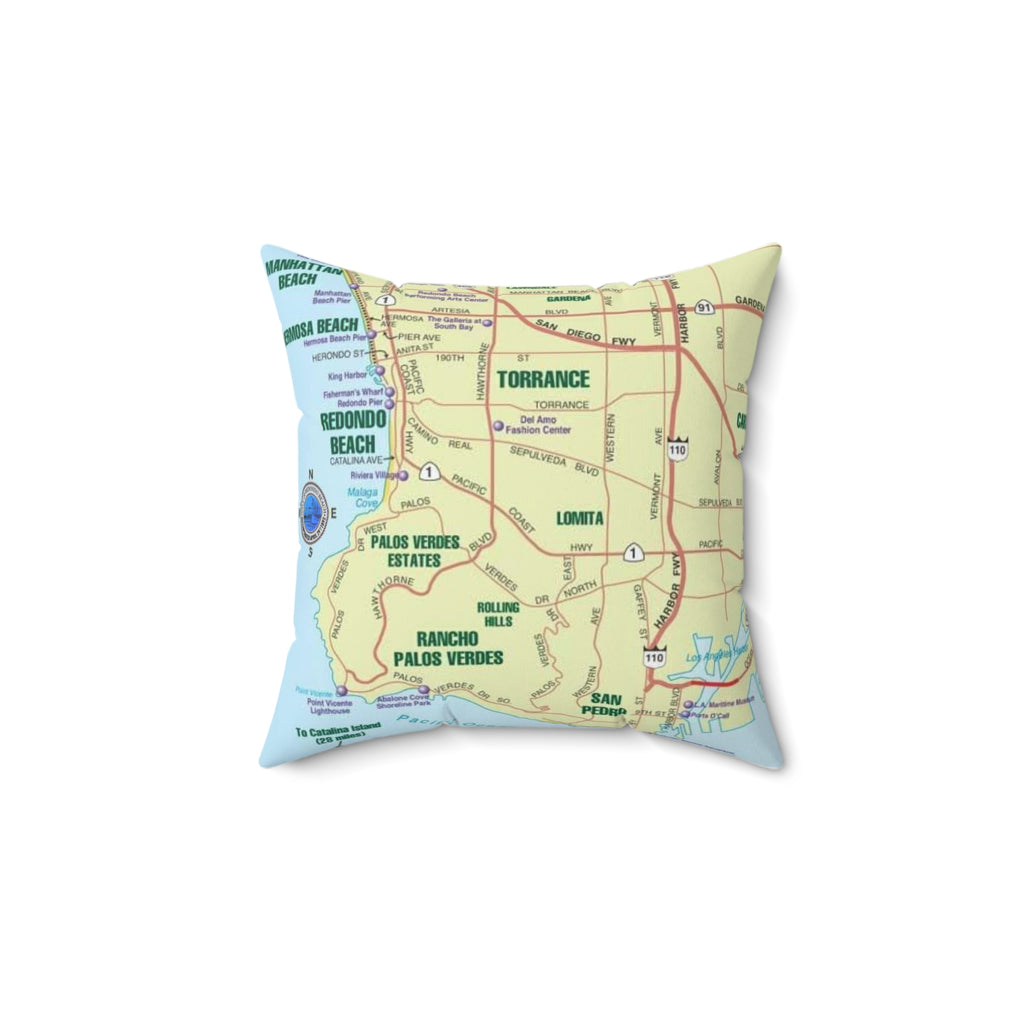 Redondo Beach California 90277 90278 MAP Spun Polyester Square Pillow