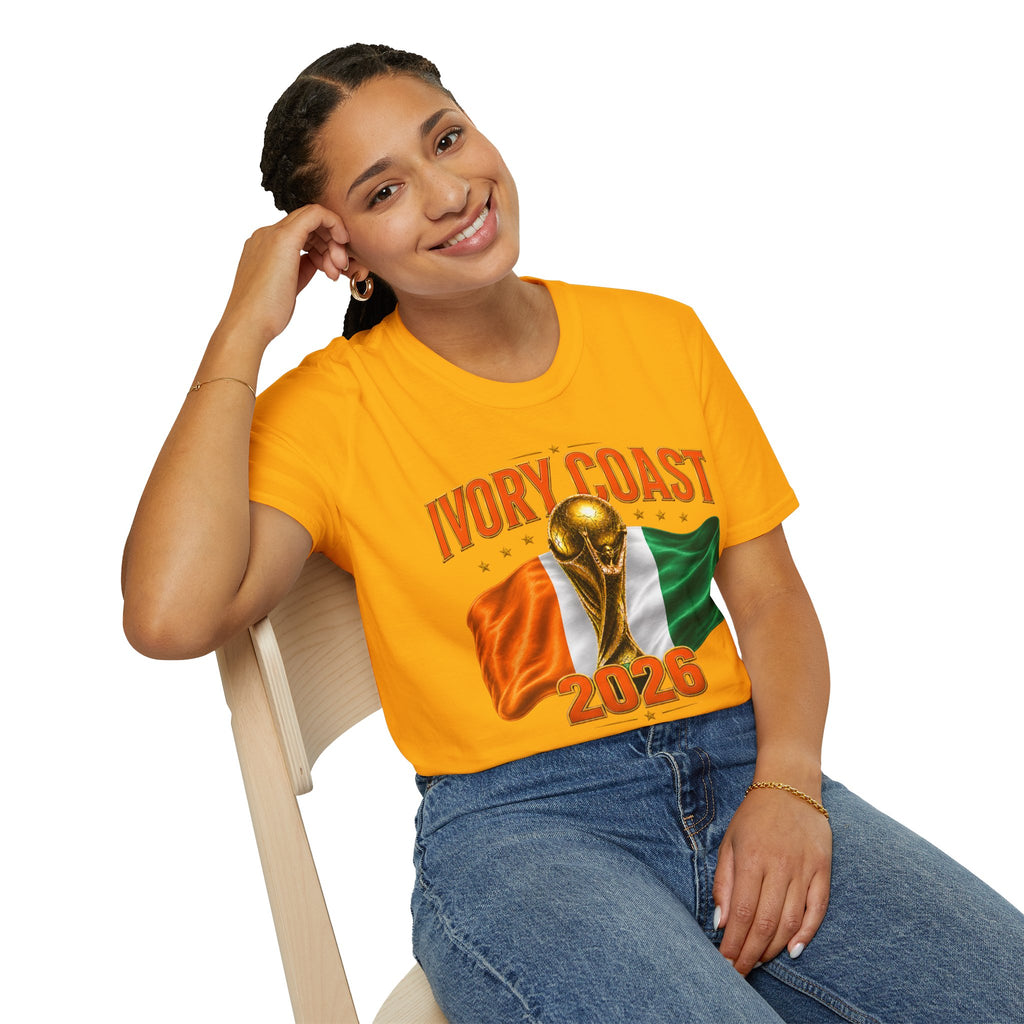 Ivory Coast 2026 World Cup T‑Shirt — FIFA Trophy & Flag Soccer Fan Tee