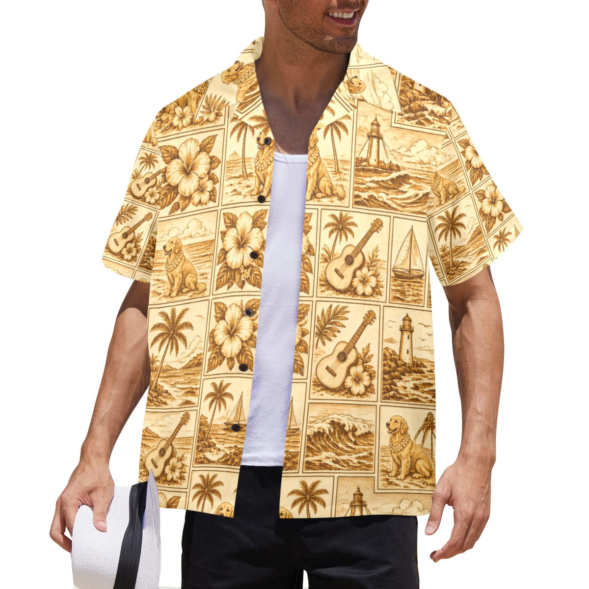 Golden Retriever Dog Style Surf Men's All Over Print Hawaiian Shirt Made In USA Ships to USA Only