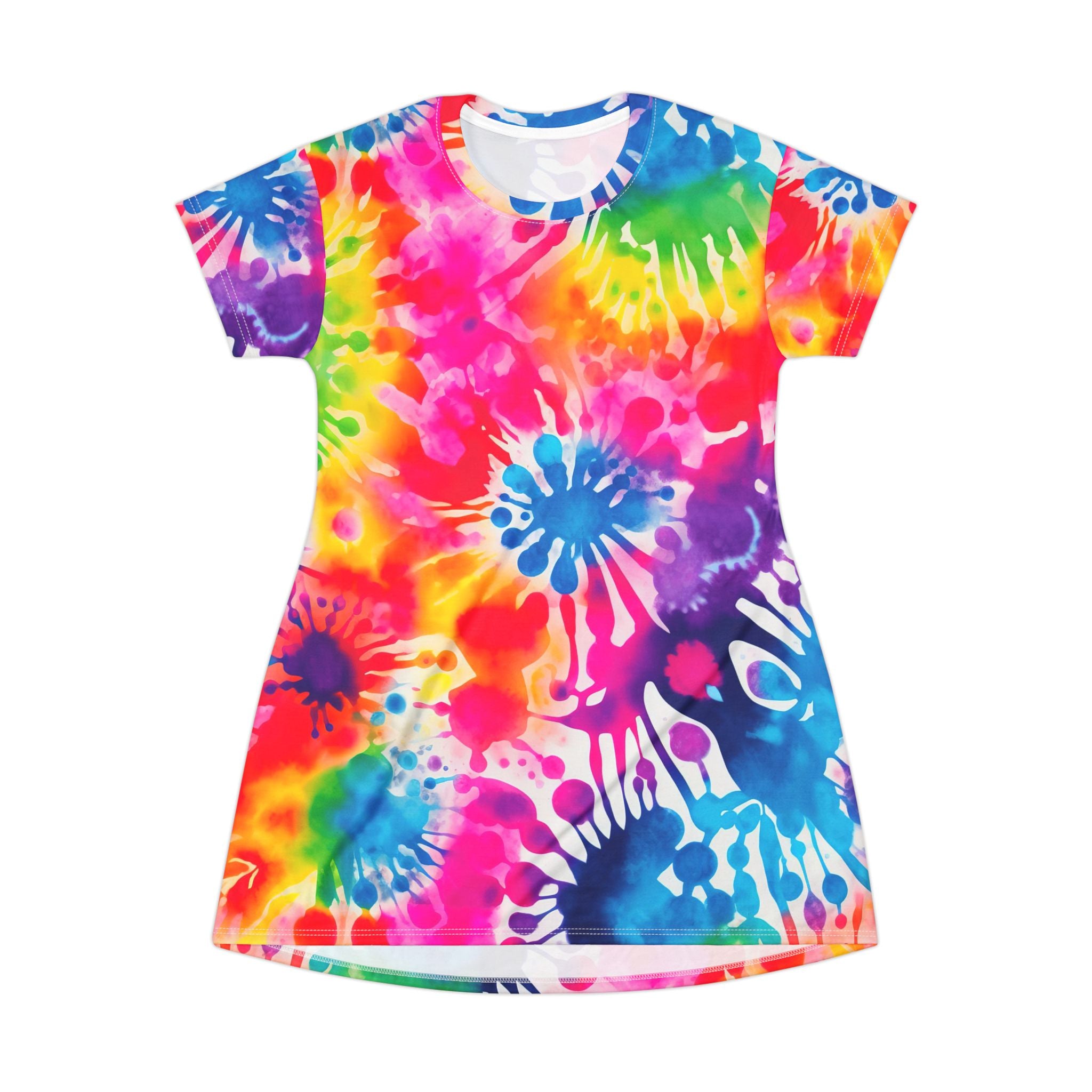 Tie-Dye Splash T-Shirt Dress — Colorful All-Over Print Summer Dress